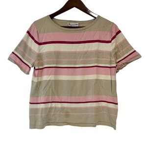 Pendleton Womens Knit Striped Shirt Top Size L Beige Pink Burgundy Short Sleeve
